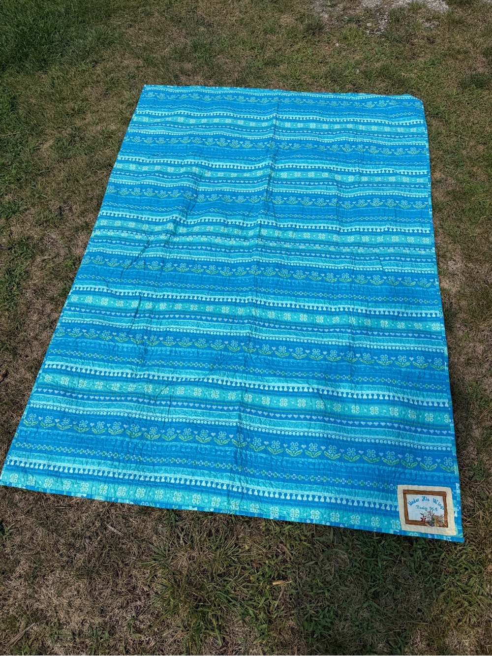 Handmade Psalm 91:4 Blue Floral Quilt 80x54